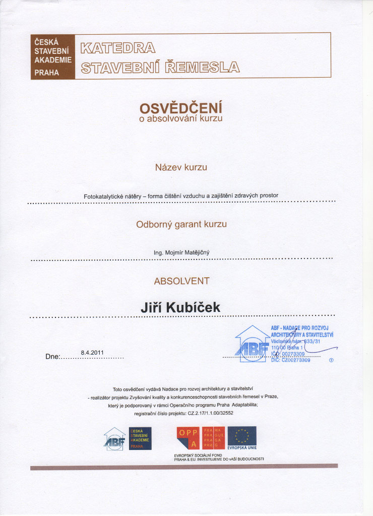 Certifikát, Fotokatalytické nátěry, malíři Kubíček Praha