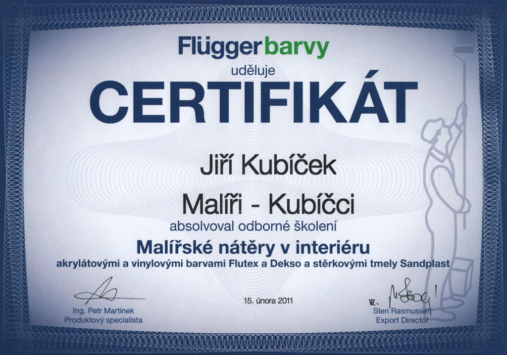 Certifikát, Malířské nátěry, malíři Kubíček Praha