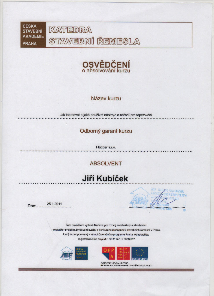 Certifikát, Tapetování, malíři Kubíček Praha