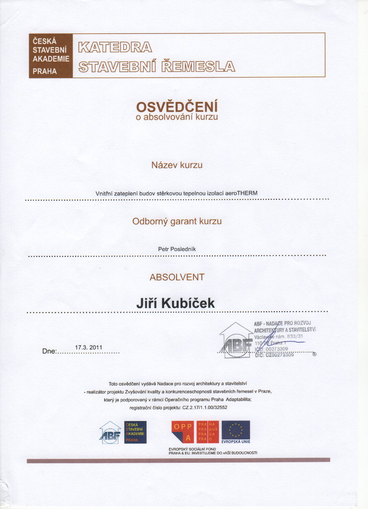 Certifikát, Vnitřní zateplení budov, malíři Kubíček Praha